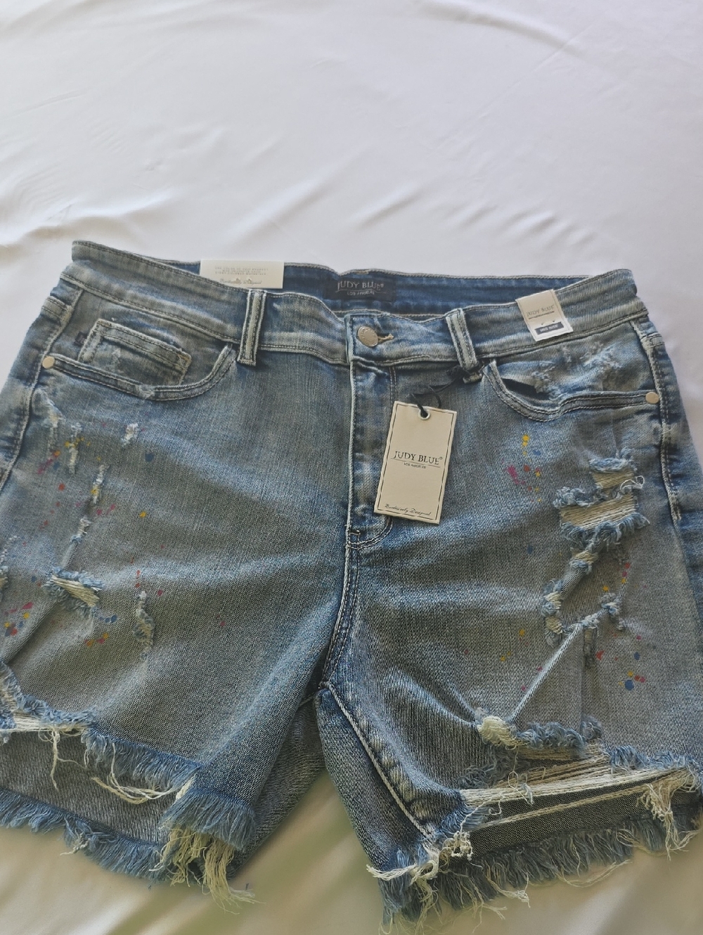 Judy Blue Light Blue Distressed Denim Shorts with Paint-Splatter